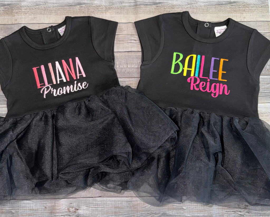black tutu romper blank for embroidery and applique featuring a soft cotton bodice and full tutu skirt for custom baby outfits