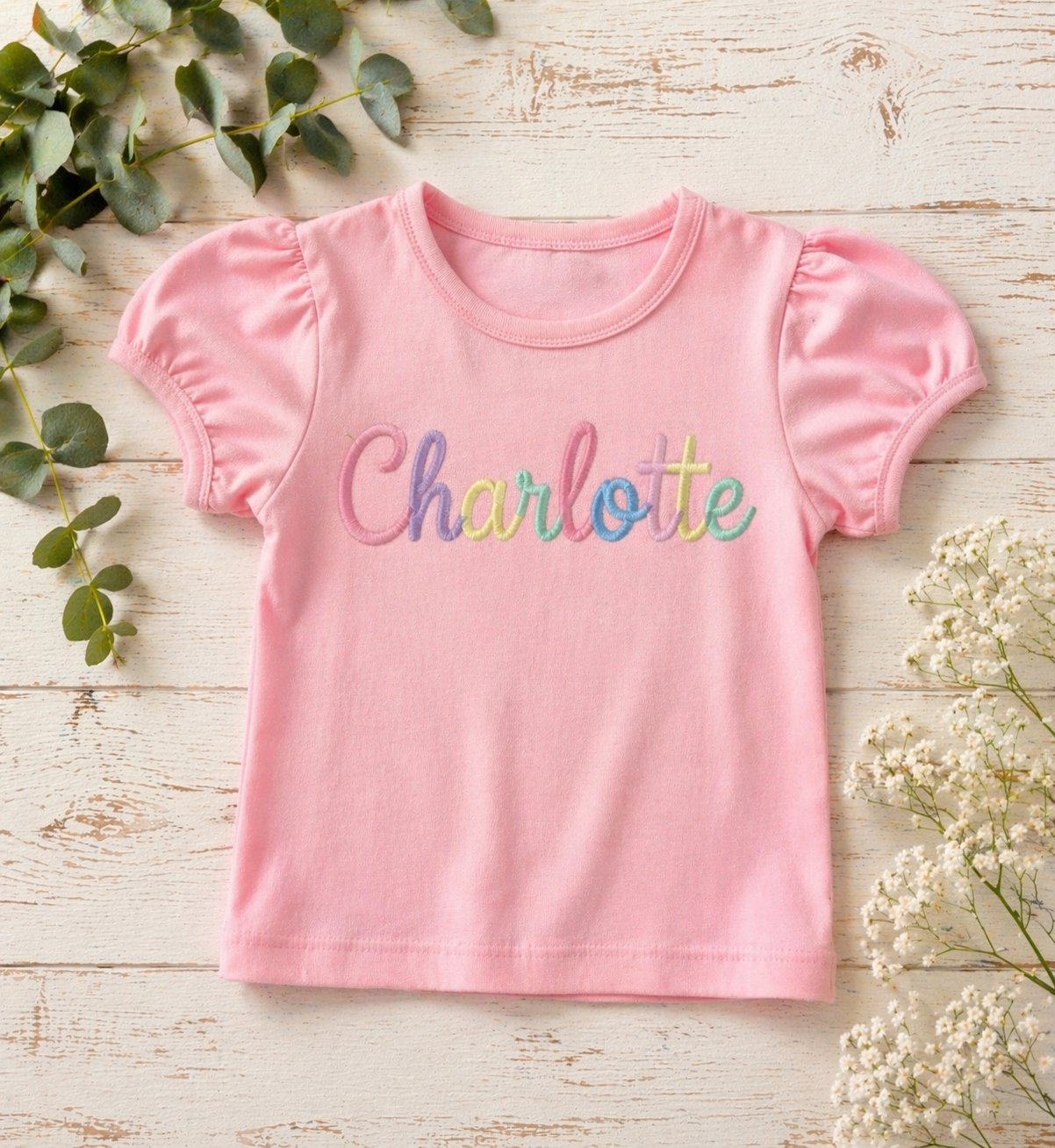girls embroidery blank shirt with puff sleeves in soft pink cotton, perfect for monogramming applique and custom embroidery designs